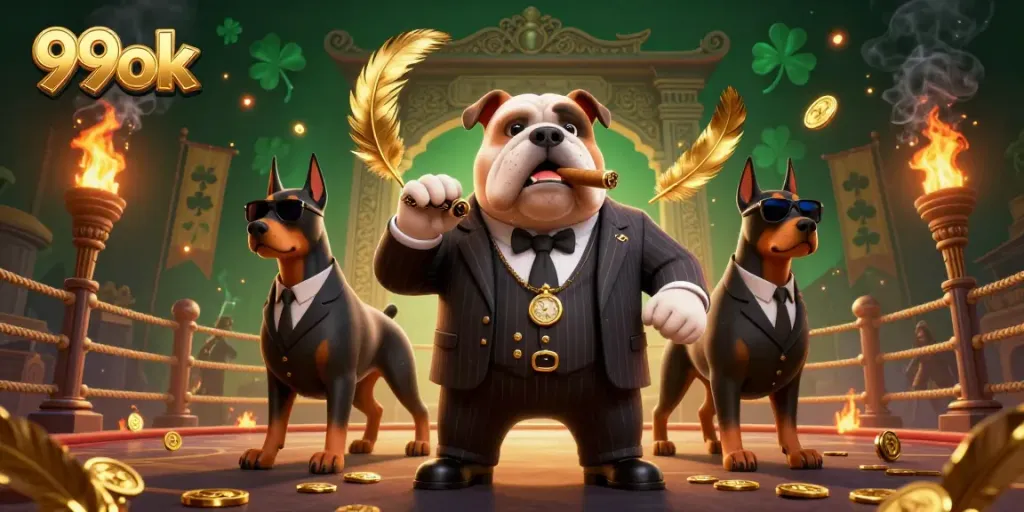 Experience thrilling gameplay with 99ok, featuring a cartoon mafia boss and bodyguards in a vibrant casino scene.