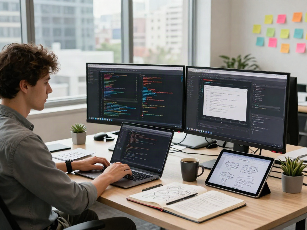 Dynamic tech workspace showing crushon ia software development with multiple monitors, notes, and a collaborative atmosphere.