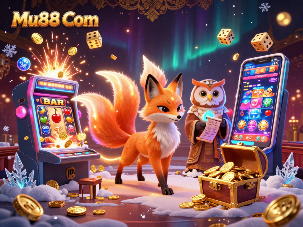 Experience Mu88 Com's captivating casino realm with a colorful nine-tailed fox and owl sage amidst dynamic slot elements.