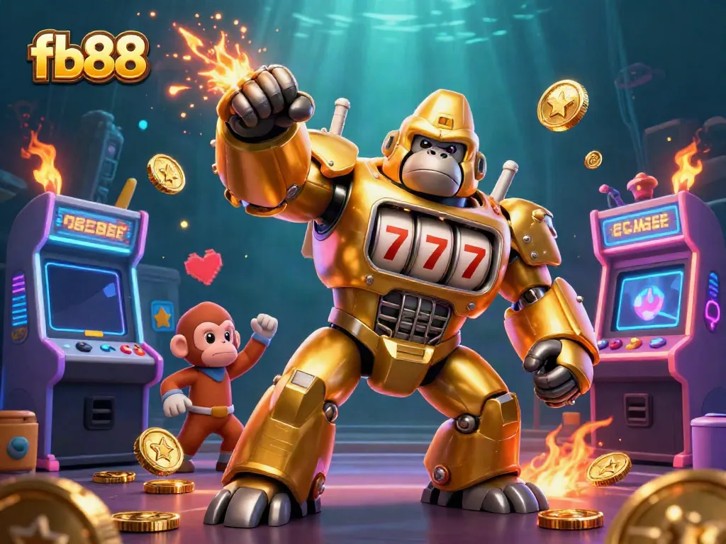 Experience the excitement of fb88 with a stunning golden gorilla mech and vibrant casino elements.