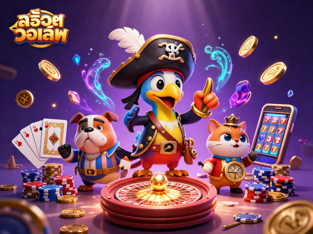 Experience the thrill of สล็อตวอเลท with vibrant pirate characters, spinning roulette, and cascading treasures.