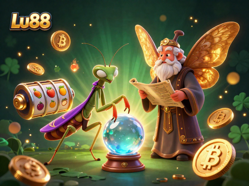 Lu88 showcases a vibrant 3D scene with a fortune teller, librarian, and slot elements creating an engaging casino atmosphere.