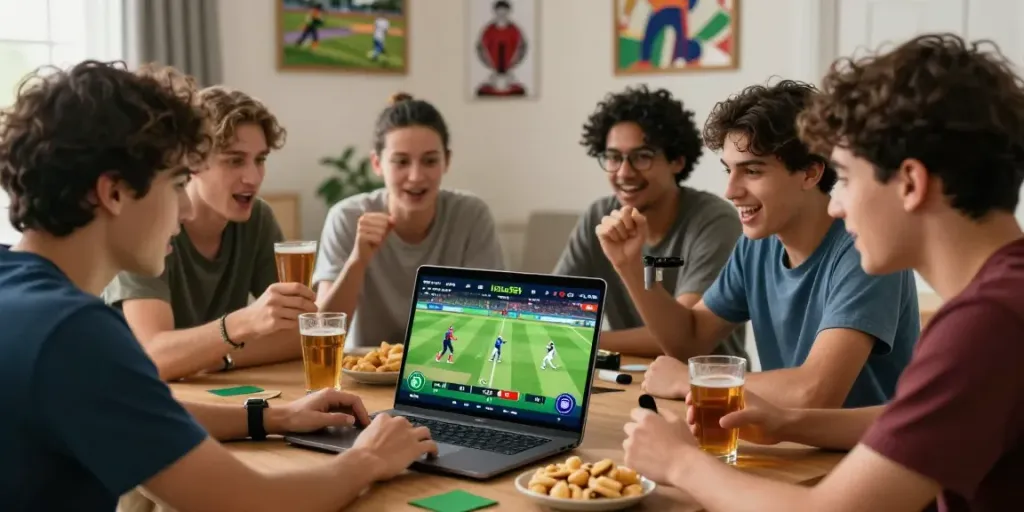 Friends enjoying cricket and football betting on Lotus365 together, showcasing excitement and camaraderie.