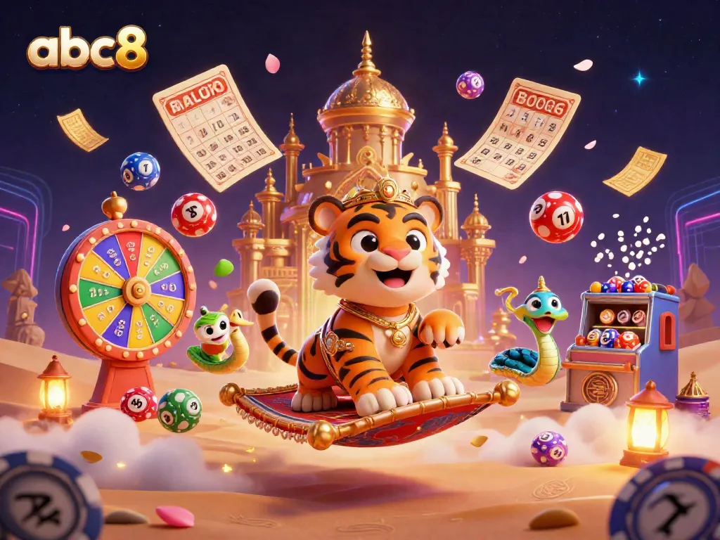 Join the adventure with abc8, featuring a magical scene of the tiger sultan and colorful lottery elements in a casino setting.