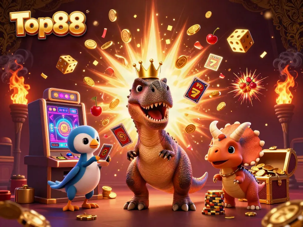 Experience the excitement at Top88 with a fun illustration of a T-Rex shuffling cards and a triceratops stacking chips.