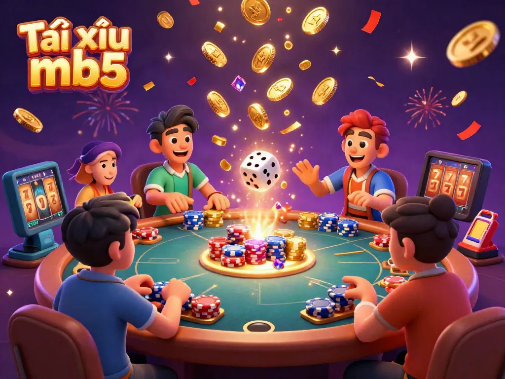 Crowd playing Tài xỉu mb5, dynamic with coins and gems flying, capturing the excitement of the casino.