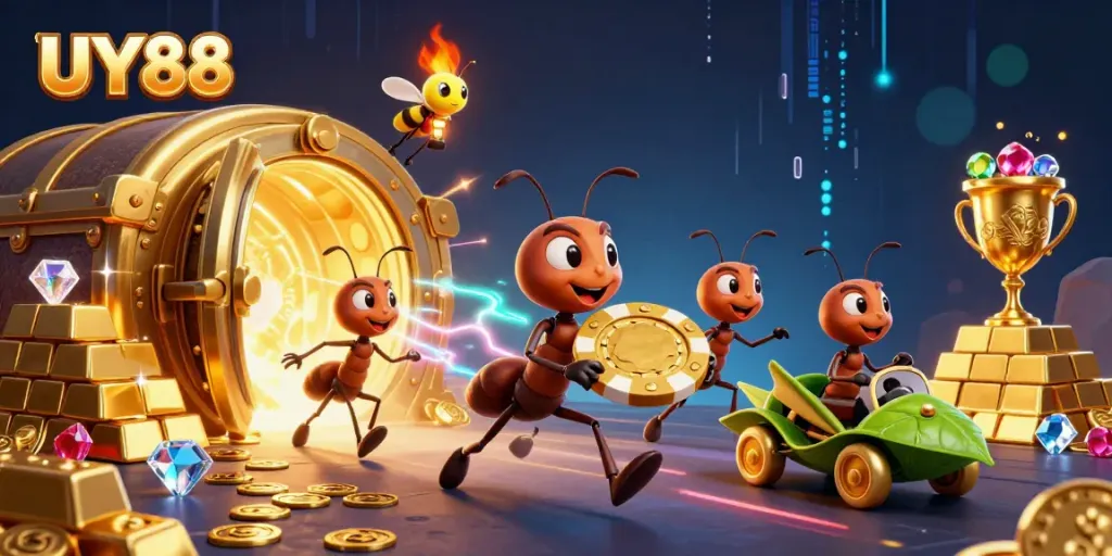 Ants executing a heist with a giant poker chip in the UY88 casino world.