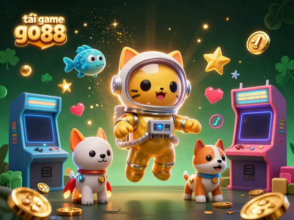 Experience the thrill of tải game go88 with a vibrant casino-themed 3D illustration showcasing an astronaut cat in a golden suit.