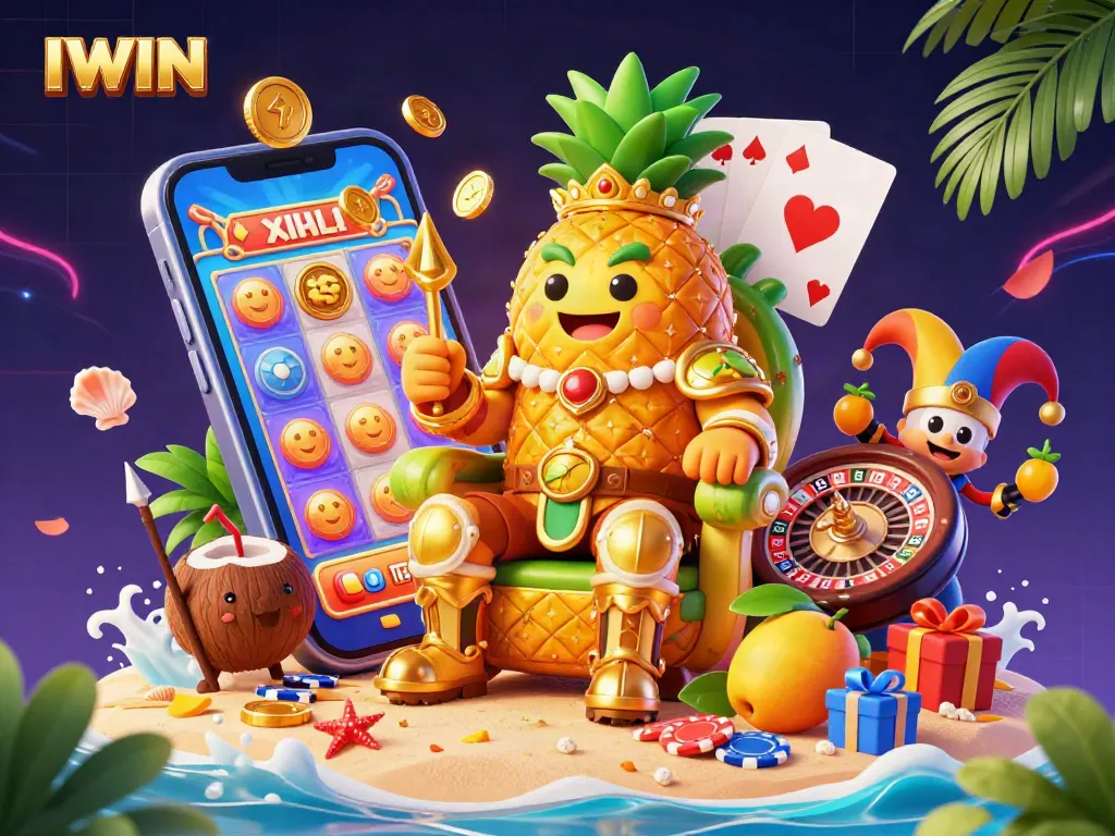 IWIN creative casino illustration showcasing vibrant gameplay elements with the golden pineapple king.