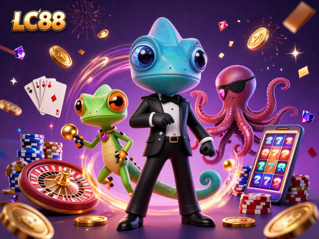 LC88 online casino scene featuring an agent chameleon, tech-gecko, and octopus amidst lively gaming elements.