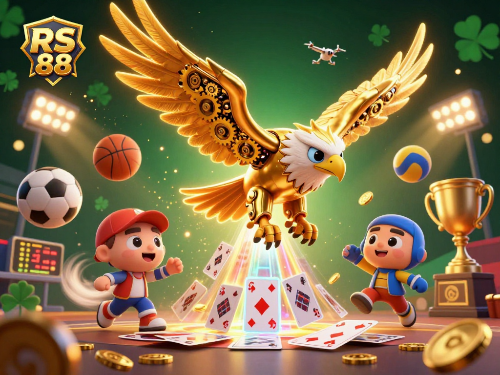 Engage with RS 88's 3D casino experience, featuring a cybernetic eagle and dynamic sports elements.
