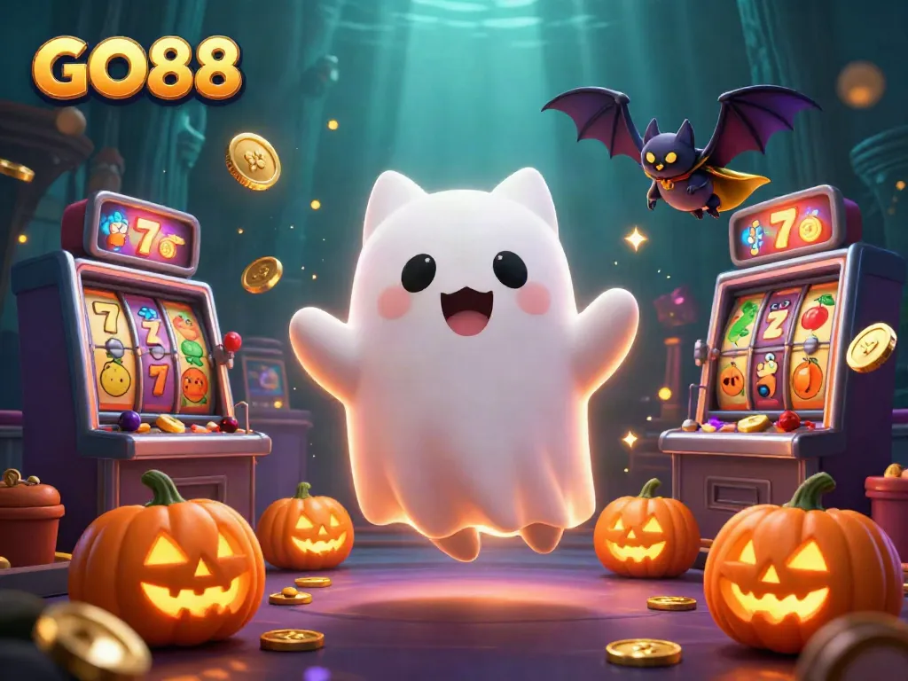 Bets fly with GO88 as a ghost cat and bat explore a haunted casino filled with jackpots.
