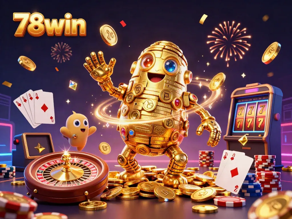 Experience the thrills of gaming with 78win, featuring a golden golem and slot machine action.