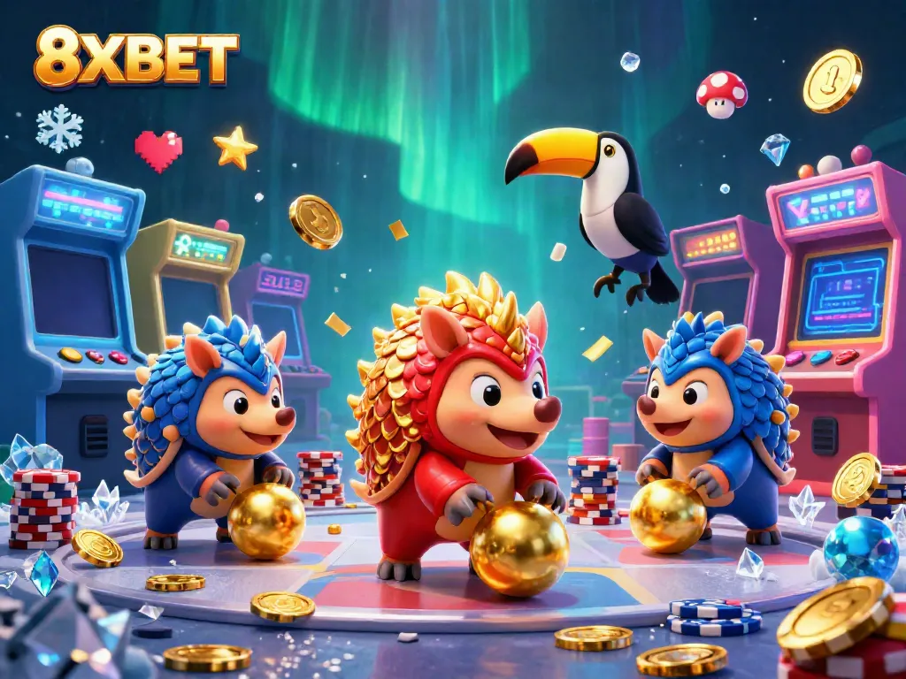 Experience exciting gameplay with 8XBET as rival pangolins roll through poker chips in this fantastical casino setting.