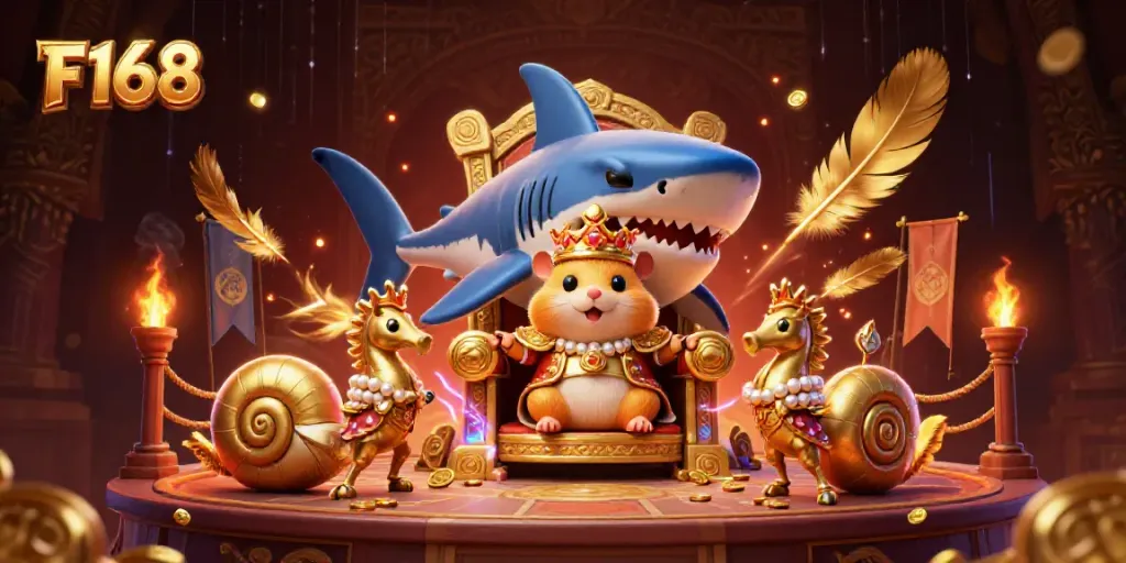 Experience thrilling gaming excitement with F168's 3D cartoon casino scene featuring a hamster king and sea guards.