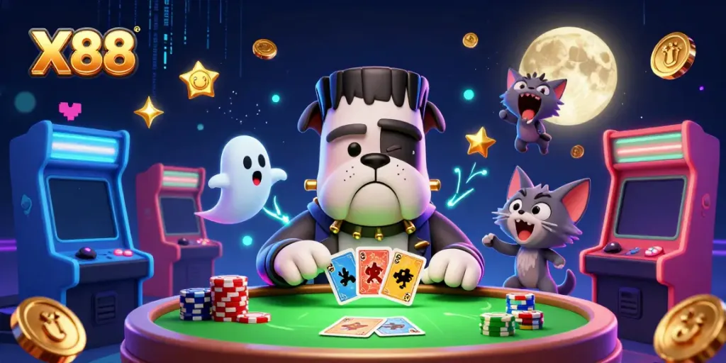 X88 engagingly showcases a 3D cartoon bulldog monster dealing cards amidst vibrant casino elements.
