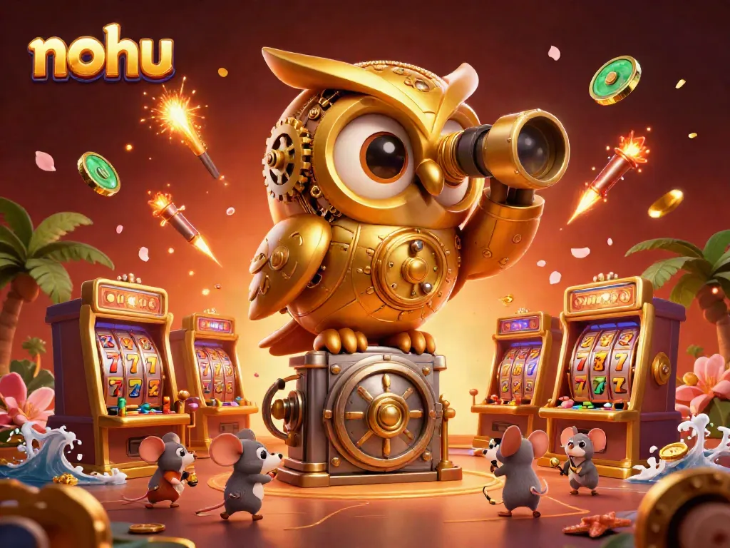 Engage with nohu's vibrant casino scene, featuring a golden owl and lively gaming elements.