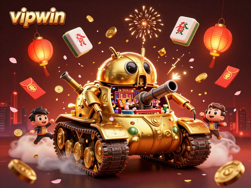 Bet big with vipwin in an ultra-detailed 3D casino scene featuring a golden beetle tank and festive elements.