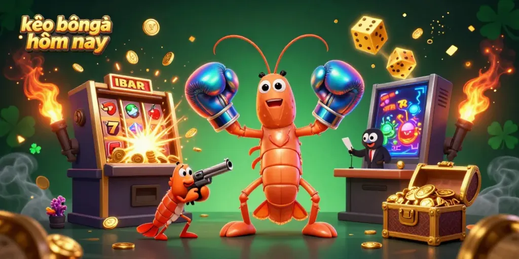 Engage in today's exciting sports betting with kèo bóng đá hôm nay, featuring vibrant 3D shrimp characters in a colorful casino atmosphere.