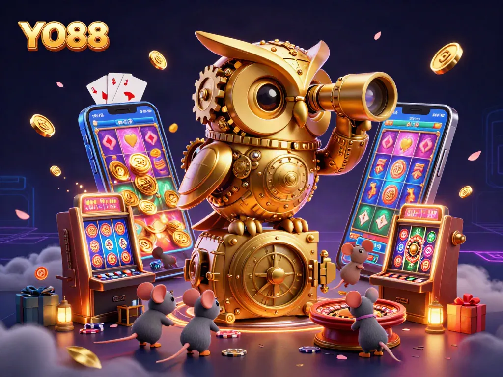 Experience thrilling gameplay at YO88 with animated characters, slot games, and vibrant casino elements.