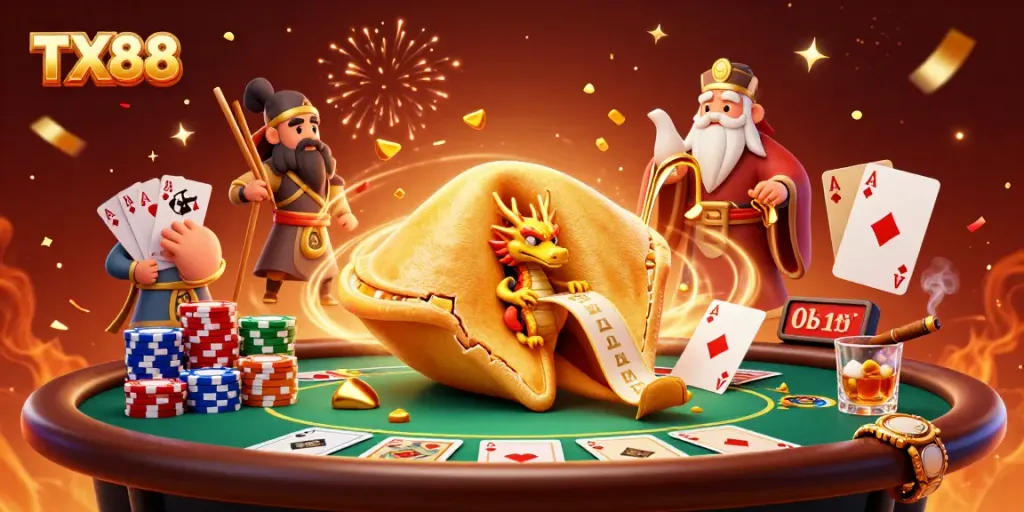 Win exciting prizes at TX88 with a vibrant casino scene showcasing rich game elements and characters.