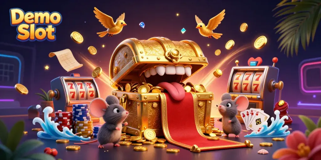 Engage with Demo Slot's vibrant 3D scene featuring golden treasures, playful characters, and spinning reels.
