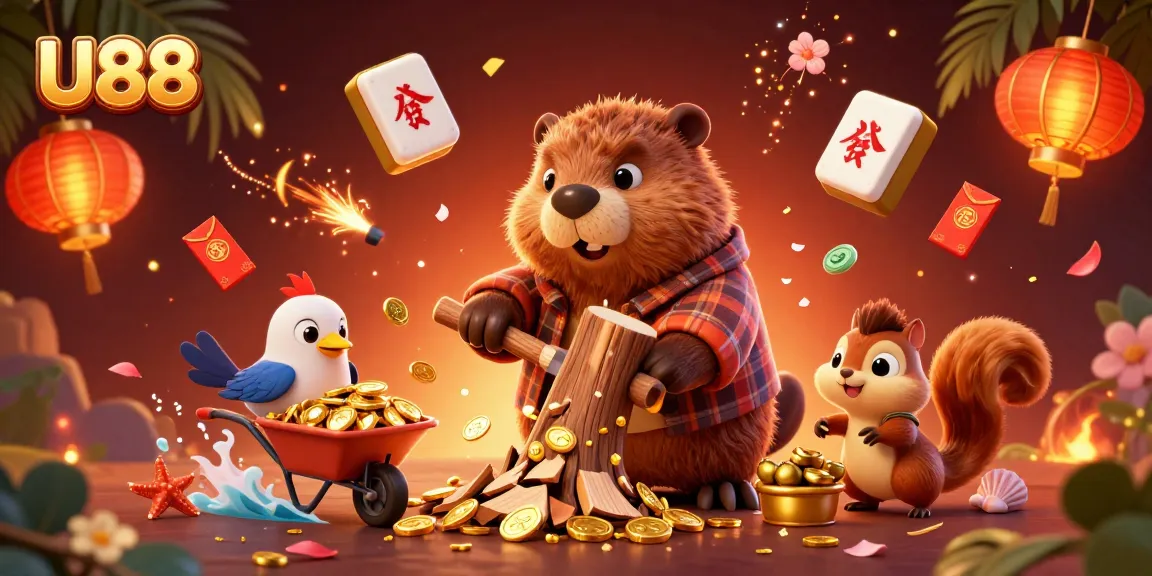 Spin the reels of luck with U88 as cartoon characters celebrate jackpot wins in vibrant casino scene.