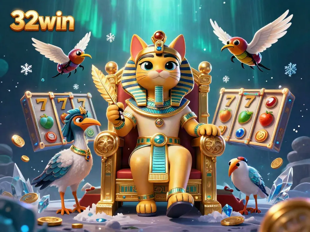 Experience exciting slots with 32win as Egyptian pharaoh cat and ibis scribe celebrate gaming wins.