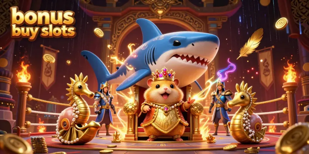 Your ultimate destination for bonus buy slots, featuring vibrant 3D illustrations of a hamster king and marine guards in an engaging casino atmosphere.
