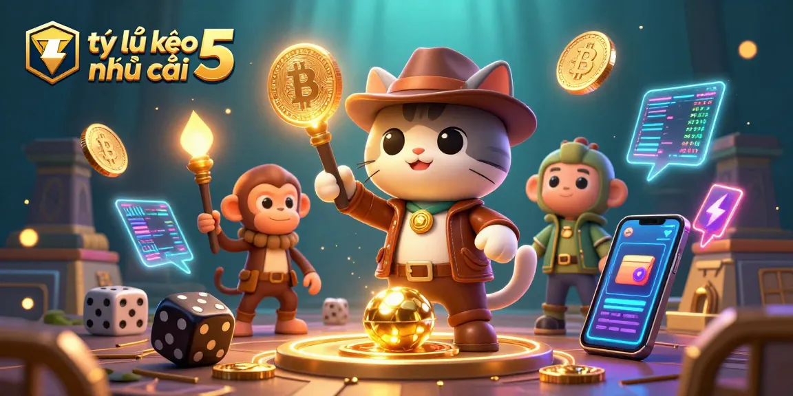 Engaging scene showing tỷ lệ kèo nhà cái 5 with a cartoon cat and monkey amid casino artifacts.
