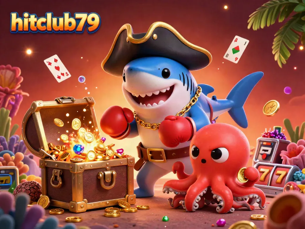 Experience thrilling gaming with hitclub79 and a pirate shark in a vibrant underwater scene.