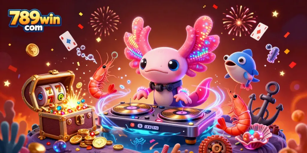 Experience the excitement of gaming at 789win com with a vibrant underwater casino party featuring colorful characters and treasures.