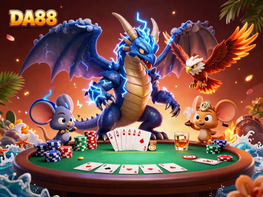 Engage with DA88's thrilling poker scene featuring a powerful dragon and dynamic gaming elements.