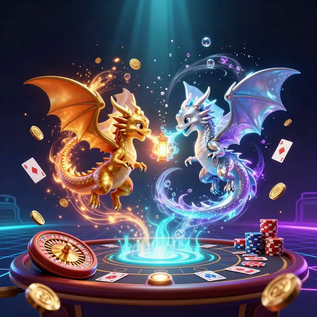 Twin gold and silver dragons spiral around a lantern spirit with coins, cards, and a spinning roulette wheel.