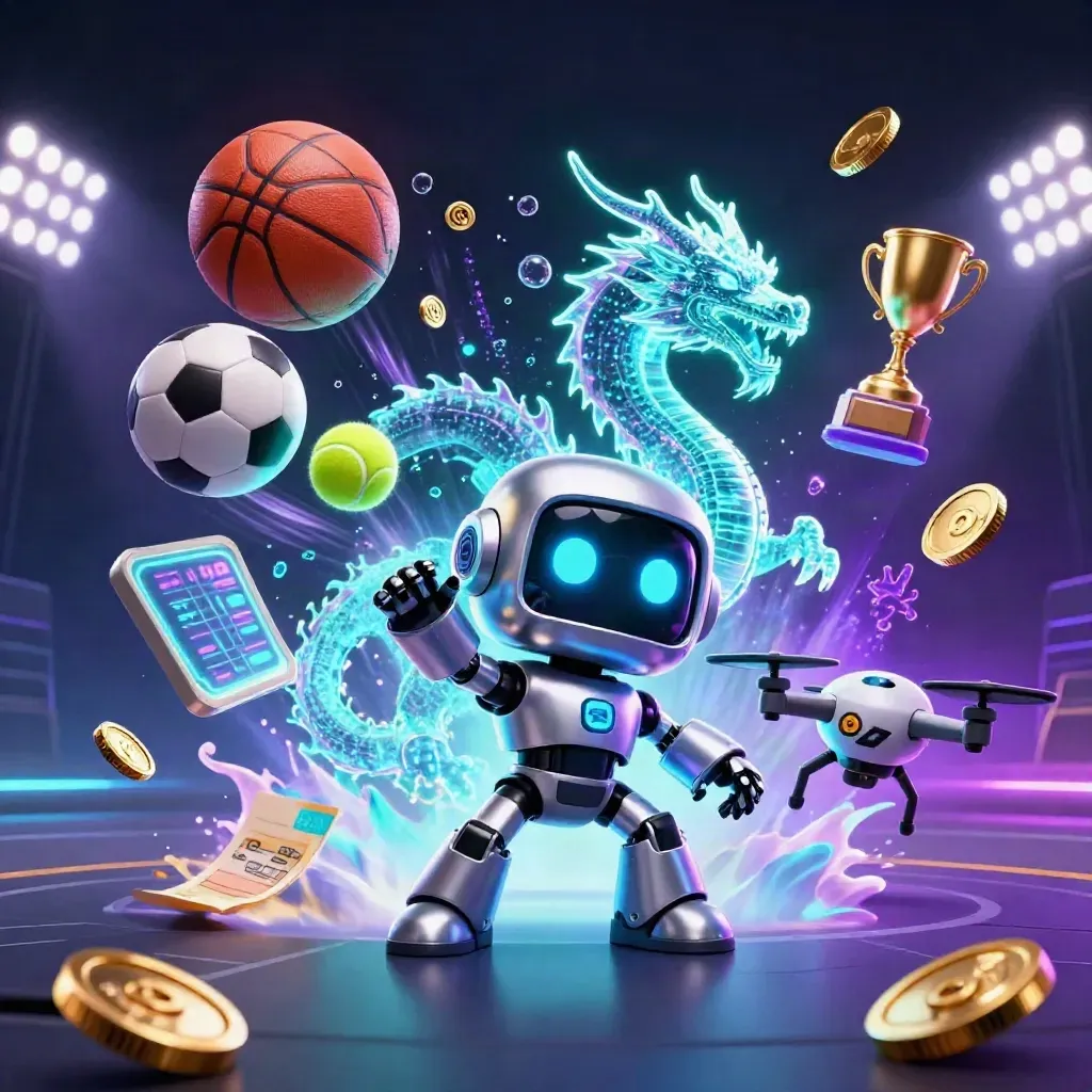 Cyberpunk robot, holographic dragon, and drone amid flying balls, coins, trophy, and neon lights.