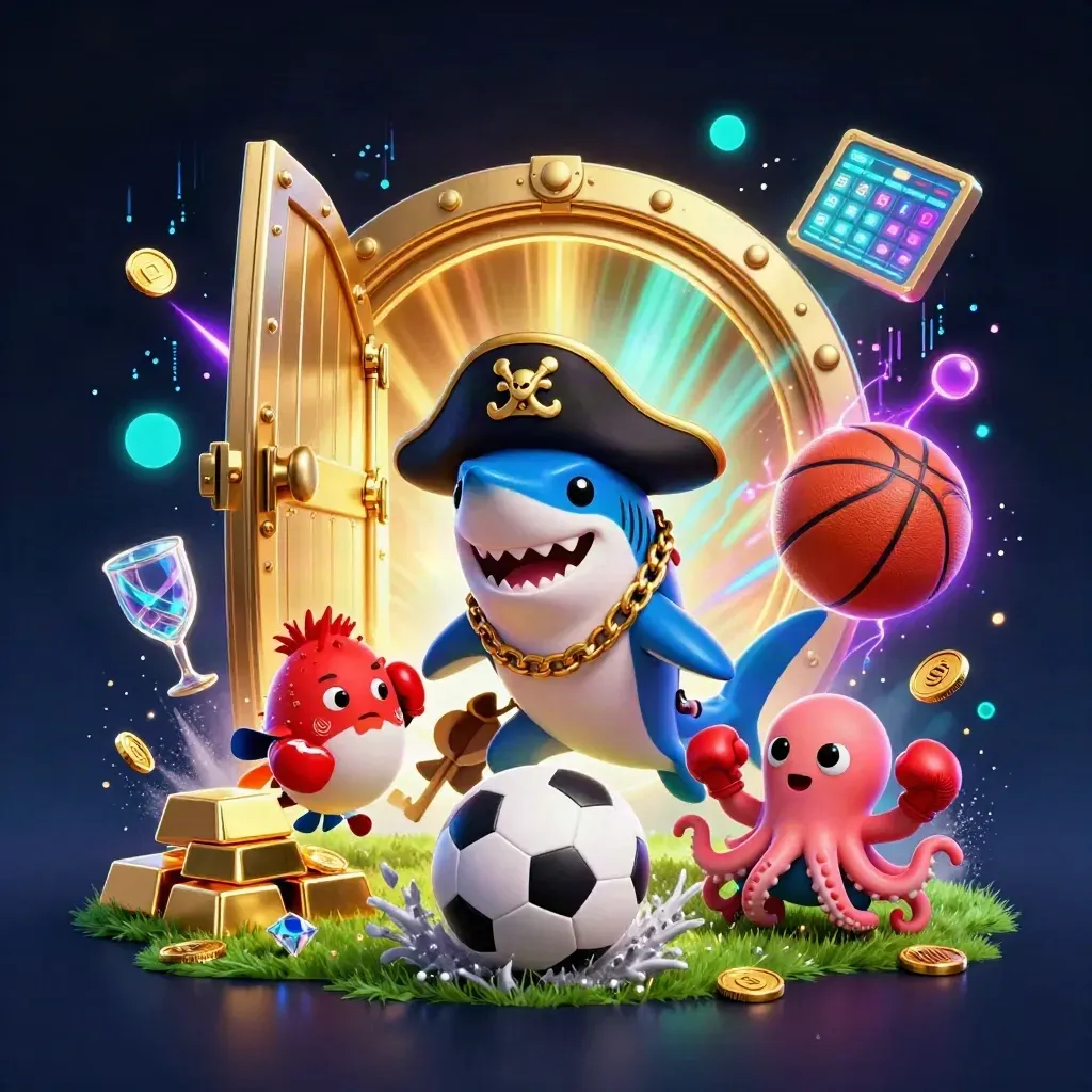 Pirate shark, boxing pufferfish, and coin-juggling octopus amid exploding vault riches and sports balls.