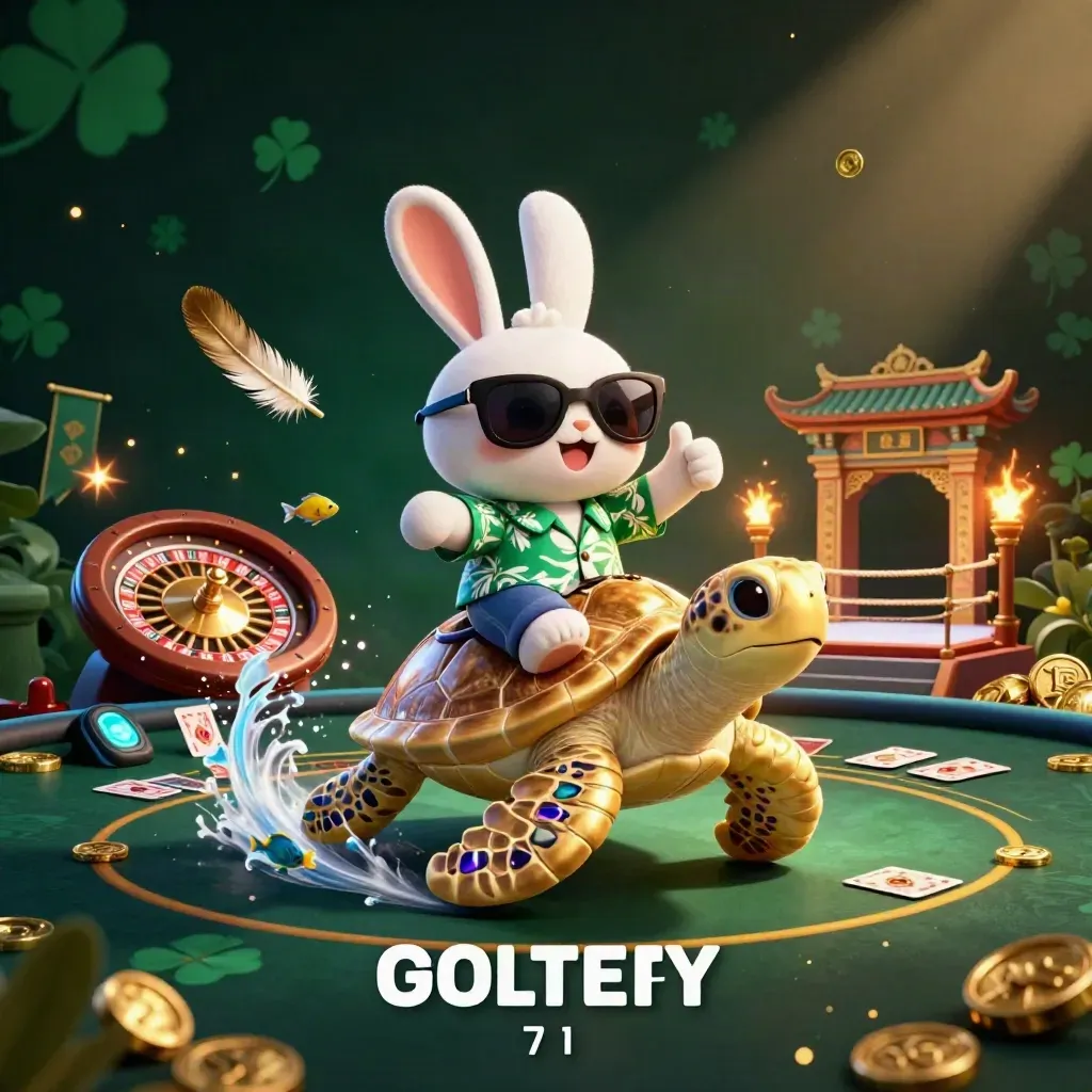 Lucky rabbit rides a jeweled sea turtle amid casino magic, neon glow, coins, cards, and temple gates