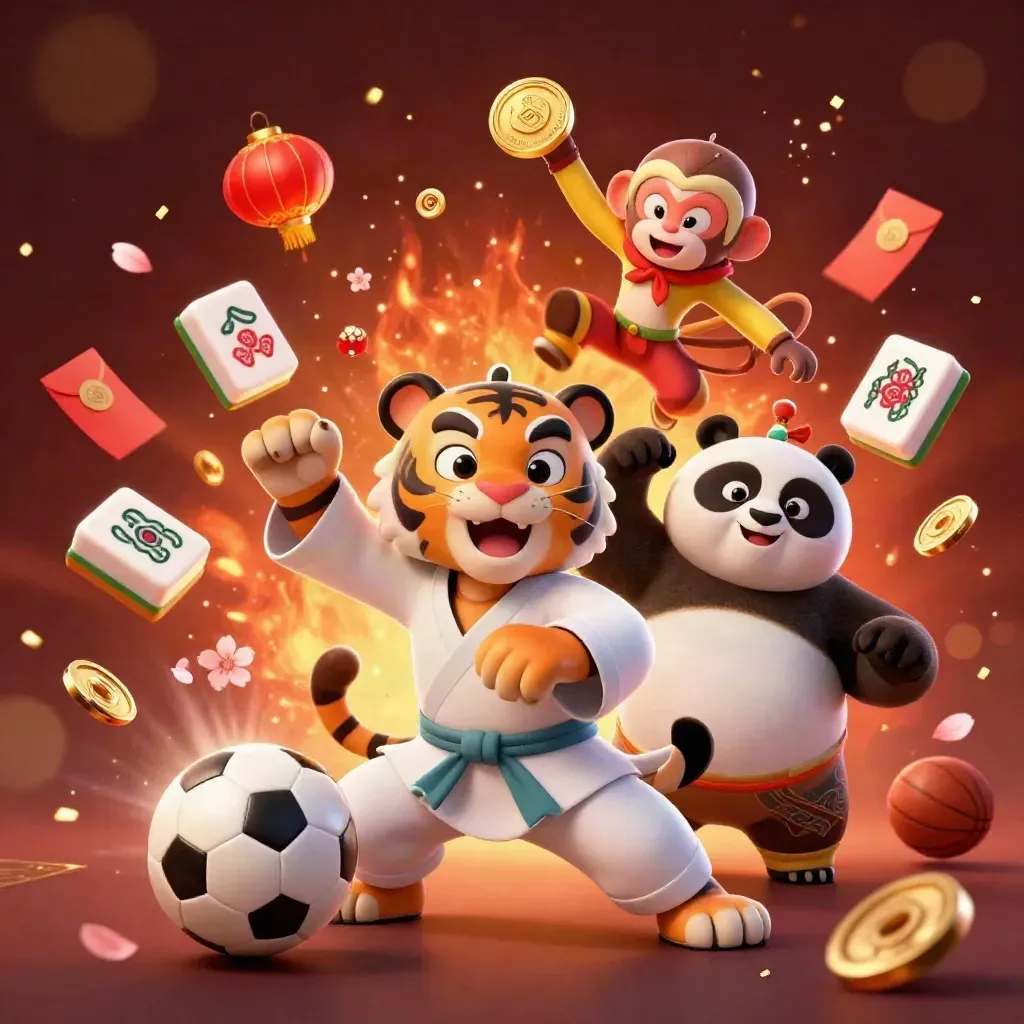 Kung-fu tiger, panda, and monkey burst amid casino icons and flying sports balls.