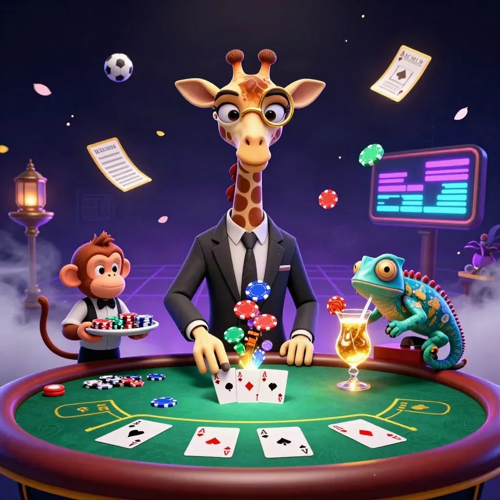 Neon casino giraffe, monkey, and chameleon around a poker table with chips and floating sports balls.