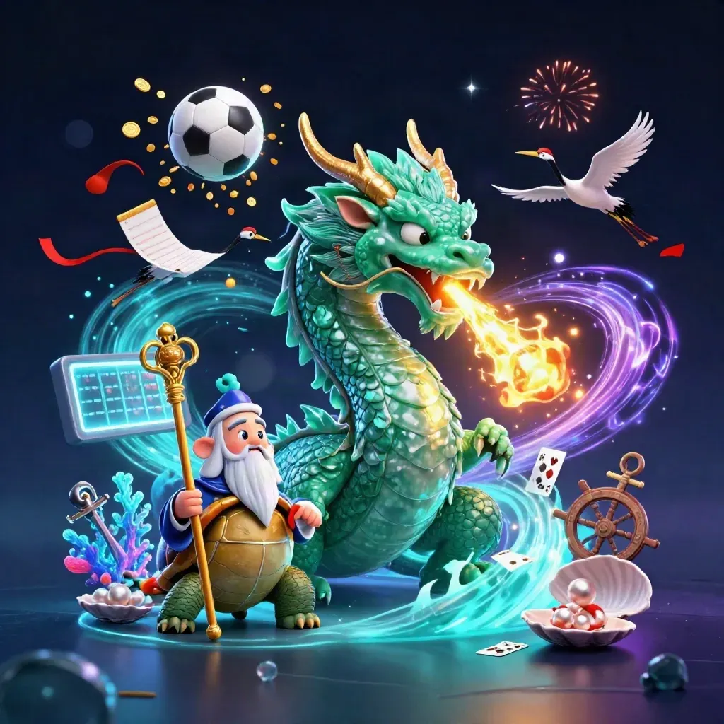 Dragon, turtle sage, and cranes amid treasure cove sports chaos and neon casino light.