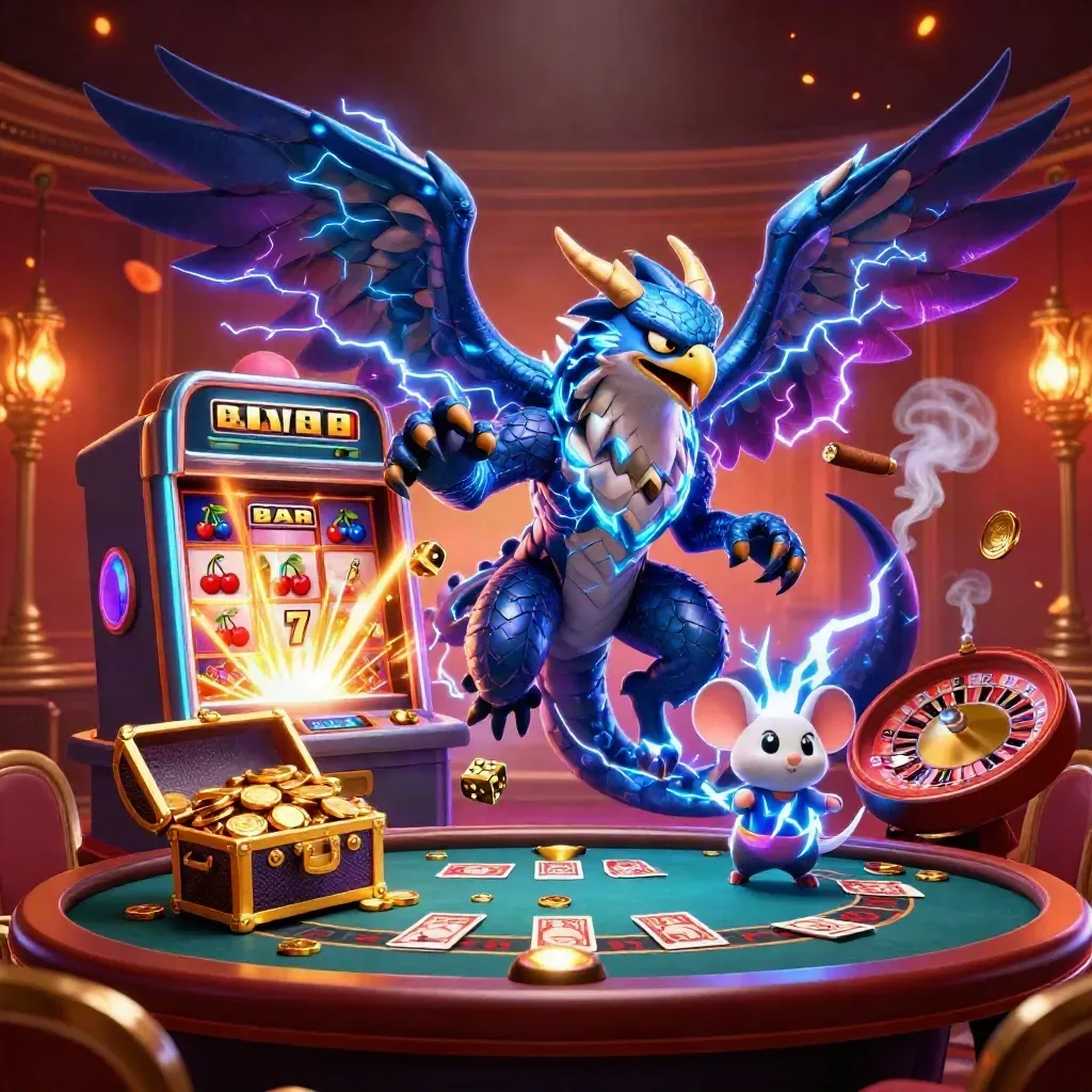 Lightning dragon, hawk, and thunder-mouse in a luxe casino scene with slot burst and glowing gold.