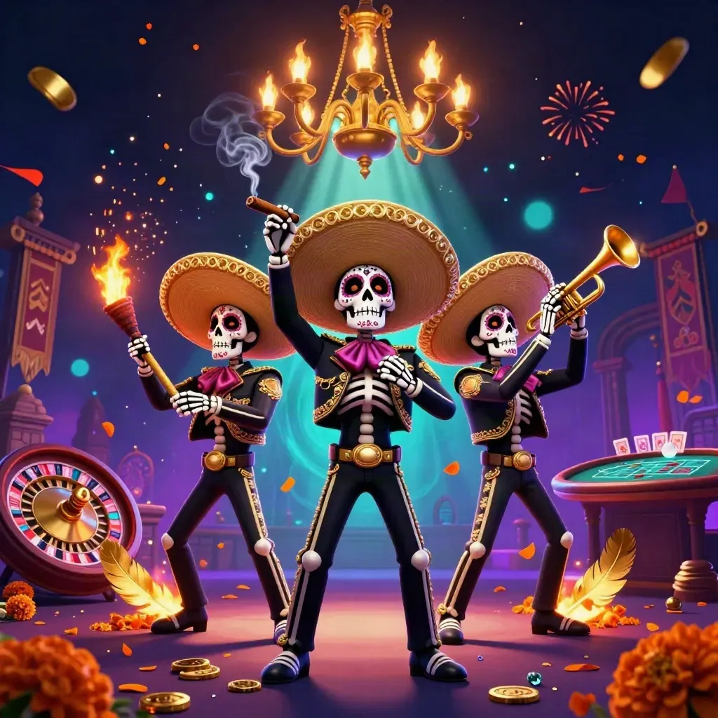 Skeleton mariachi trio in a neon casino scene with brass, smoke, gems, and festive effects.