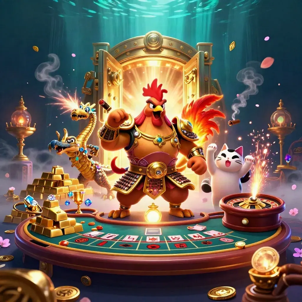 Rooster warrior, dragon hatchling, and fortune-cat amid vault gold, jewels, and casino glow.