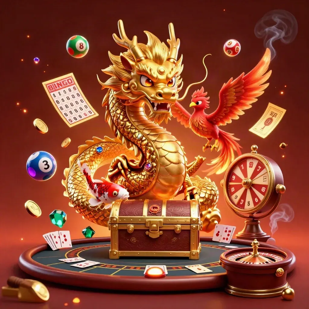Golden dragon and phoenix on a treasure chest amid casino props and neon ember glow