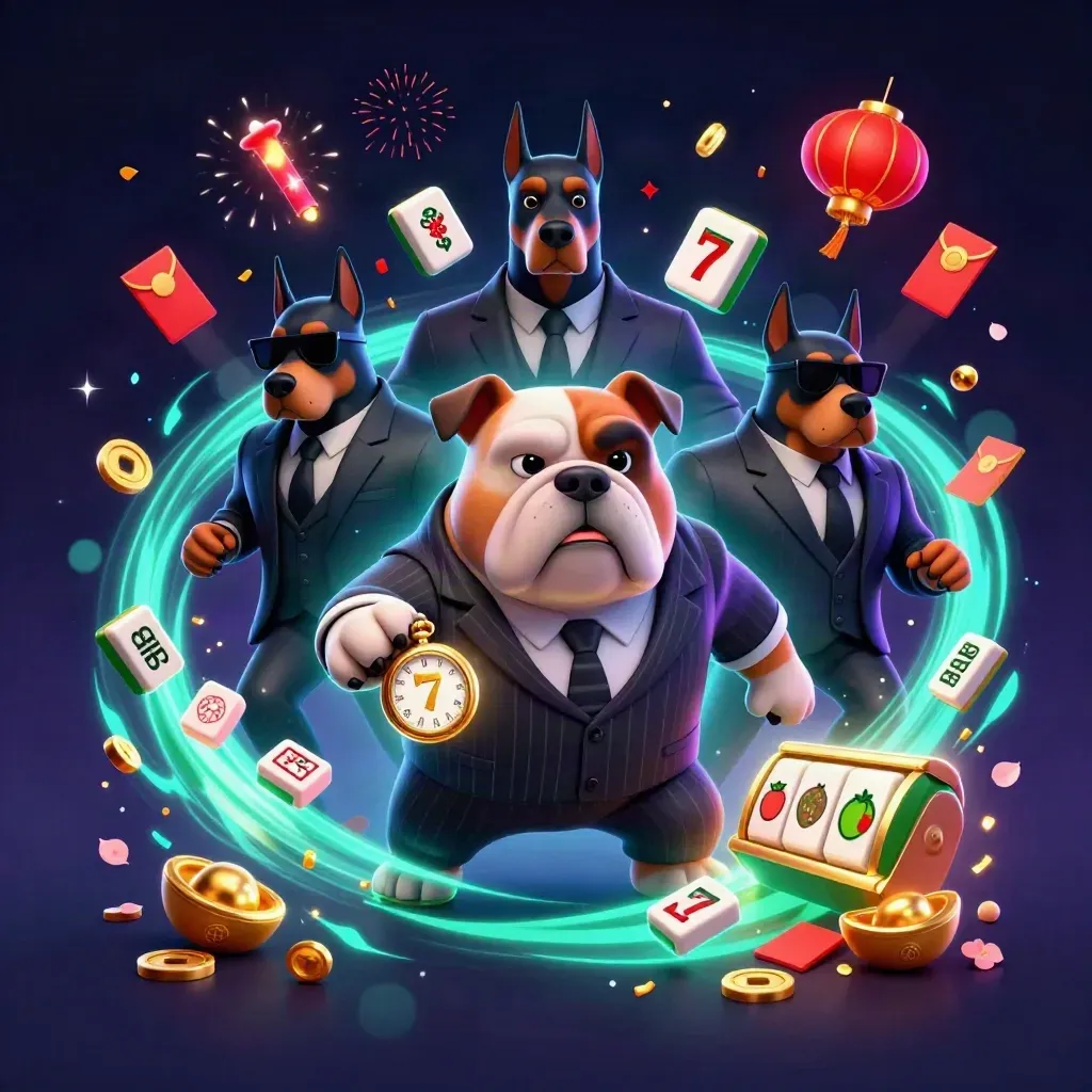 Bulldog boss with two Dobermans amid casino treasure bursts and teal energy