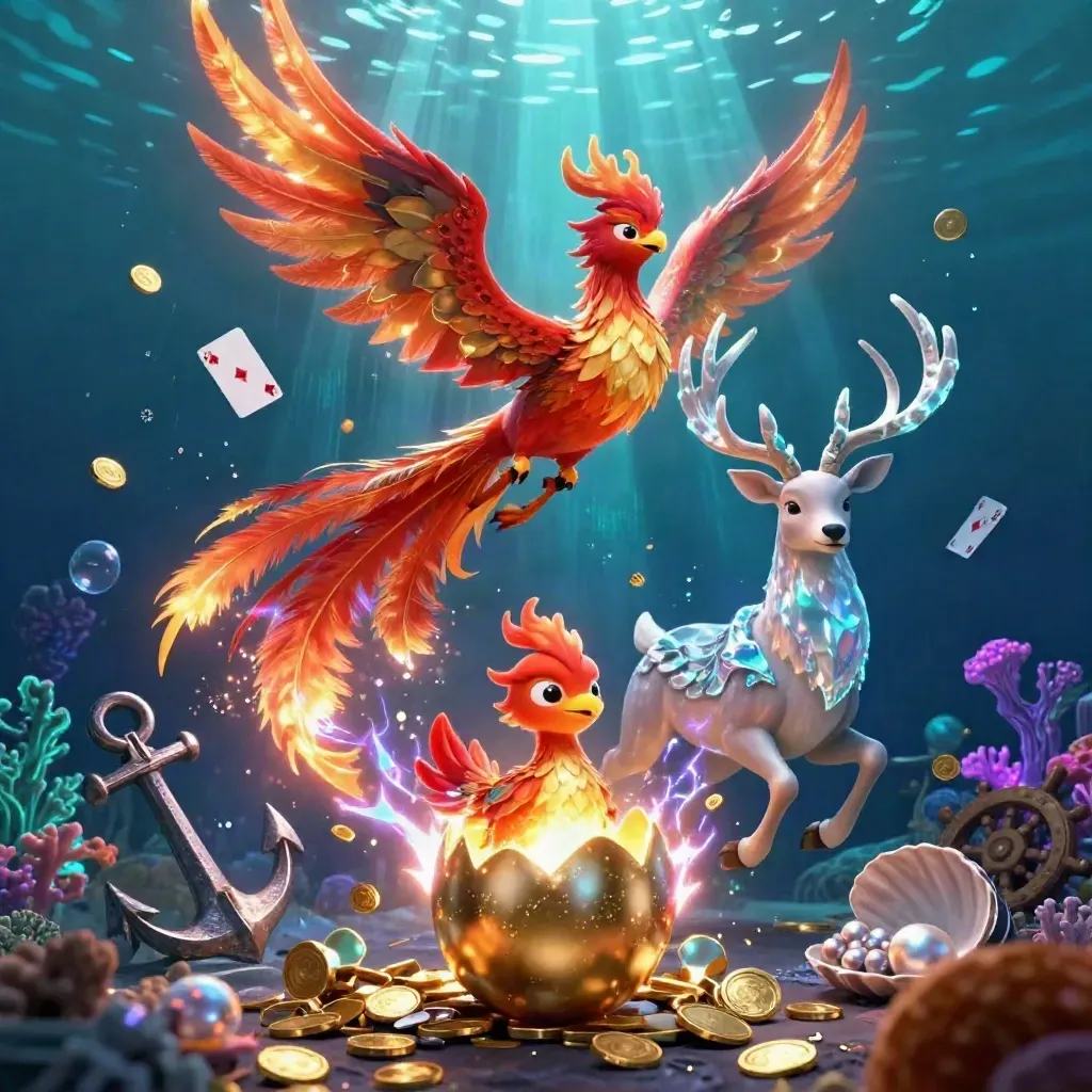 Phoenix, baby phoenix, and crystal-antlered stag amid underwater treasure and neon effects