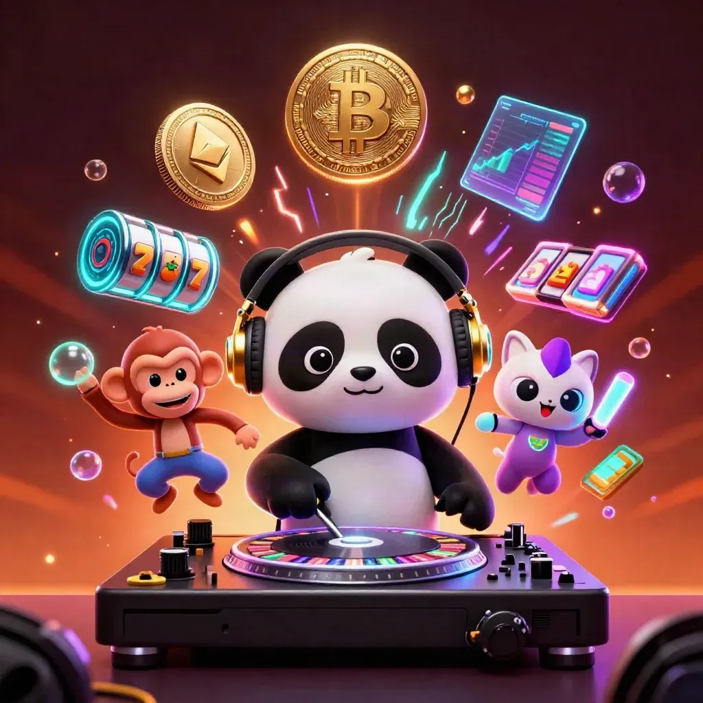Panda DJ, dancing monkey, and glow-stick kitten amid neon casino coins and effects.