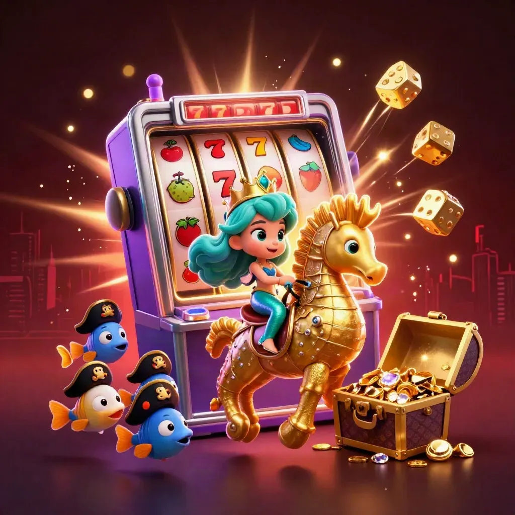 Mermaid princess on armored seahorse amid casino treasure burst and teal-purple glow.