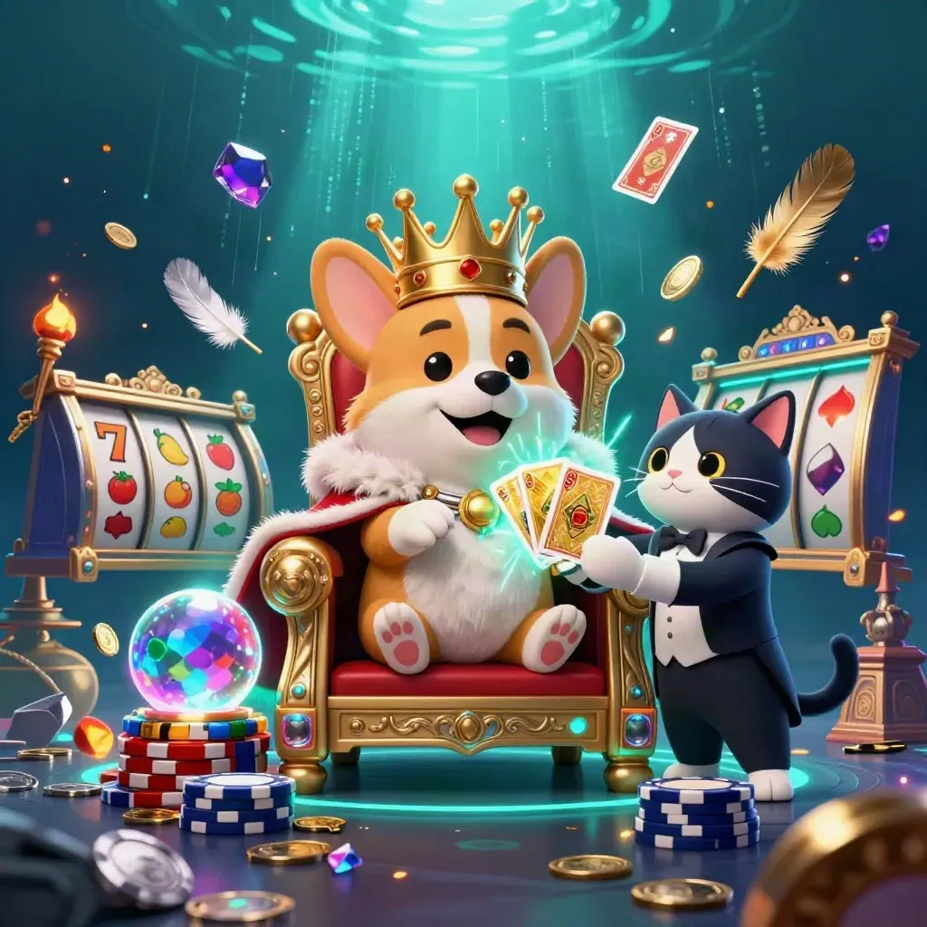 Royal corgi king and cat butler amid neon treasure, temple gate, and casino effects.