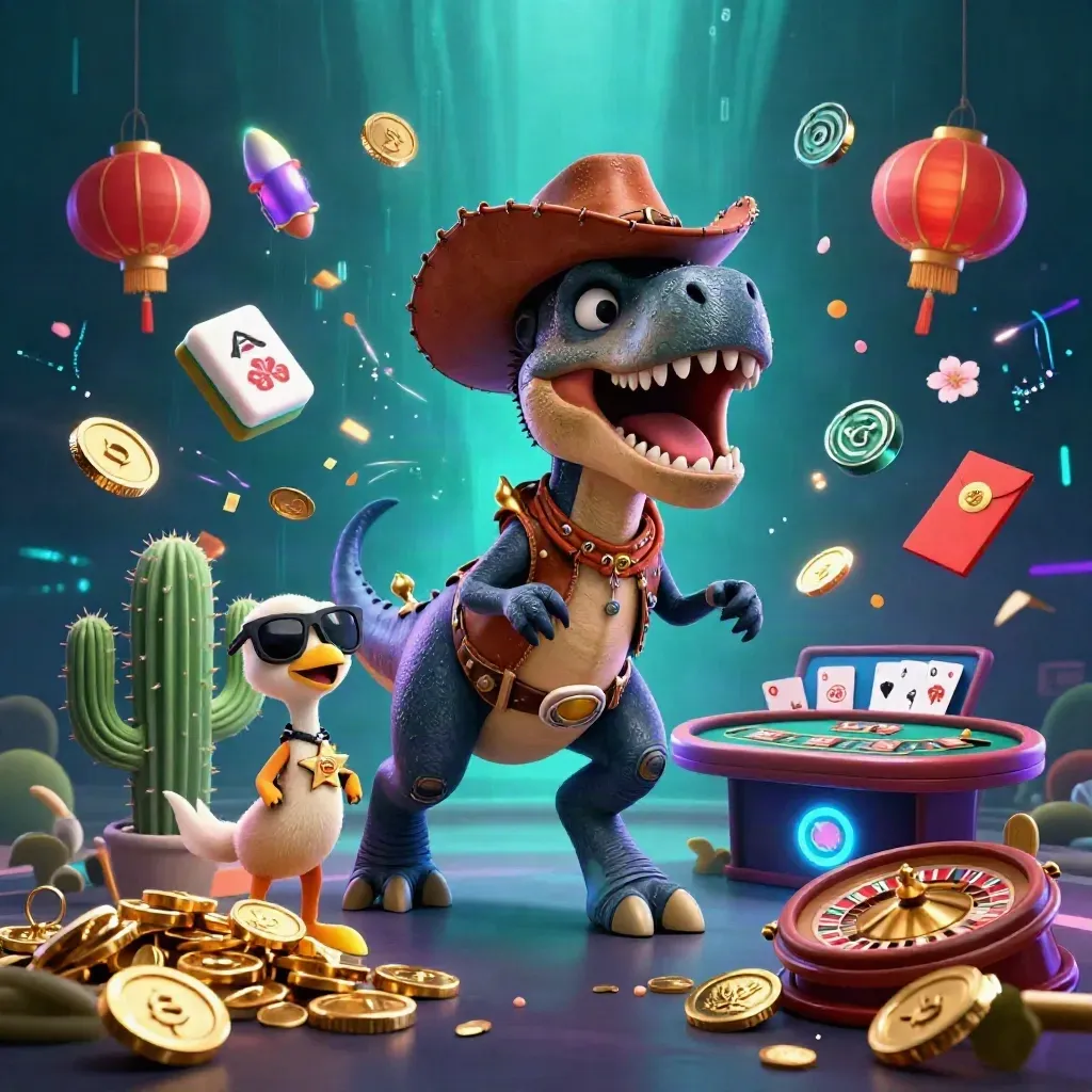 Cowboy T-Rex, cactus sidekick, and roadrunner amid coins, lanterns, and casino fireworks.